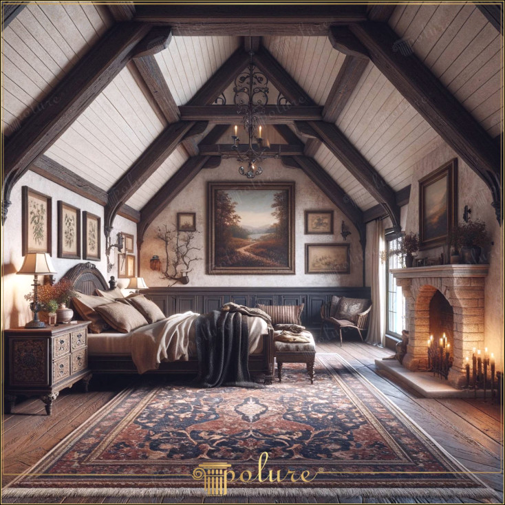 Atingeri moderne în arhitectura rustică Decor de dormitor îmbogățit cu grinzi din poliuretan Decorul rustic este una dintre cele mai impresionante moduri de a aduce un stil de viață împodobit cu frumuseți naturale în cei patru pereți ai casei noastre. Decorul rustic modernizat cu grinzi din poliuretan și modele de căpriori păstrează atât textura tradițională, cât și inovațiile aduse de lumea modernă dormitorul din imagine este un loc care reflectă perfect această dublă armonie Grinzile din poliuretan care oferă un aspect de lemn decorează tavanul spațiului, oferind durabilitate și frumusețe estetică șemineul iese în evidență ca centrul cald și primitor al camerei și servește ca o parte indispensabilă a stilului rustic Covorul mare și modelat completează atmosfera camerei cu culori și modele bogate în armonie cu textura de lemn a podelei ale vieții moderne. Cu grinzi din poliuretan Aceste spații revitalizate oferă căldura și confortul decorului rustic tradițional cu o abordare inovatoare și practică.