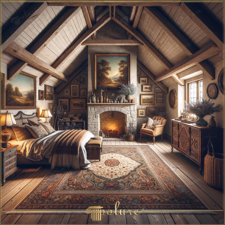 Interpretarea modernă a valorilor rustice, design magnific de dormitor cu grinzi din poliuretan Decorul rustic joaca un rol esential in intalnirea texturilor naturale si a designurilor traditionale cu spatiile moderne de locuit Acest dormitor, imbogatit cu grinzi si capriori din poliuretan, reflecta combinatia perfecta de estetica si confort prin prezentarea caldura si naturaletea stilului rustic dintr-un stil contemporan. Camera din imagine este un produs al acestei filosofii de design, atât vizual, cât și vizual. Oferă o utilizare impresionantă și practică. Aceste grinzi îmbină ușurința și durabilitatea materialelor moderne cu estetica grinzilor tradiționale din lemn. Mobilierul și accesoriile adunate în jurul șemineului poartă urmele unui concept de decorare inspirat din trecut pe pereți completează tema generală a spațiului și prezintă frumusețile rustice și clasice într-un cadru modern. Fiecare element decorativ transformă camera dintr-o zonă de dormit într-un spațiu de locuit liniștit și primitor ritm rapid și revenire la liniștea trecutului Oferă un punct de evadare ideal pentru cei care doresc să scape Dormitorul rustic proiectat cu grinzi din poliuretan apare ca o inspirație de design care poate fi aplicată în fiecare casă.