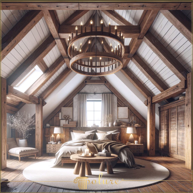 Dormitor rustic magnific cu grinzi din poliuretan cu design modern la căldura lemnului Decorul rustic este arta de a crea spatii linistite si primitoare prin aducerea caldura si estetica materialelor naturale in spatiile de locuit moderne. Acest dormitor, creat cu grinzi si capriori din poliuretan, imbina naturaletea si caldura designului rustic cu avantajele tehnologiei moderne. Dormitorul din imagine este iluminat cu un candelabru izbitor și cu tonuri bogate de lemn. Acesta adaugă o notă contemporană conceptului de decor rustic tradițional, oferind o atmosferă caldă Senzație de lumină Adaugă profunzime spațiului și dezvăluie frumusețea arhitecturală a tavanului Fiecare detaliu al dormitorului întărește tema de naturalețe și de confort, în timp ce alegerile elegante de mobilier și elementele decorative creează o senzație de amplă și lumină Caracterul sofisticat al camerei Acest dormitor este conceput ca un adăpost perfect pentru cei care doresc să se îndepărteze de haosul cotidian și să se relaxeze în căldura naturii, acest spațiu oferă o frumusețe atemporală în care este rustic și modern elementele sunt în armonie.