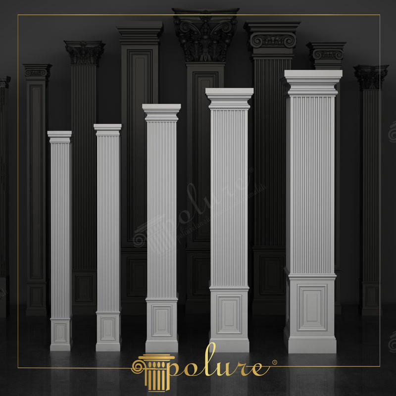 Pilaștri Poliuretan Fațadă  Pilaștri decorativi din poliuretan pentru fațadă, cu bază, fus și capitel. Rezistenți la îngheț și umezeală, ușori, amorsați din fabrică 