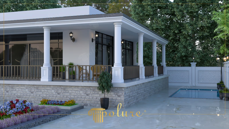 Atingeri elegante și clasice, cu cap de coloană din poliuretan, tribune și streașină în decor de verandă
