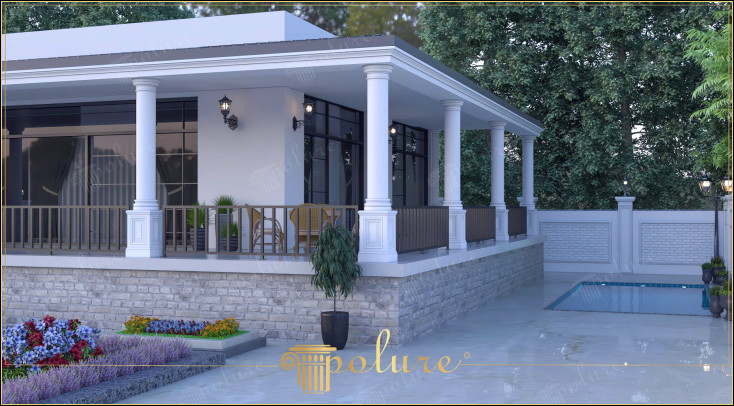 Atingeri elegante și clasice, cu cap de coloană din poliuretan, tribune și streașină în decor de verandă Coloanele din poliuretan, capetele de coloane, detaliile de stâlp și mulurile de streașină utilizate în designul verandei dau un aer elegant și clasic exteriorului clădirii. Materialele poliuretanice oferă soluții de lungă durată și estetice în zonele deschise, cum ar fi verandele, datorită ușurinței și durabilității lor. Mai ales pentru cei care adoptă stilul arhitectural neoclasic și clasic, coloanele verandei și detaliile ornamentale conferă clădirii un aspect prestigios, susținând în același timp integritatea structurală. Capetele coloanelor și mulurile de streașină oferite în diferite modele creează o atmosferă luxoasă adăugând profunzime vizuală zonei verandei.