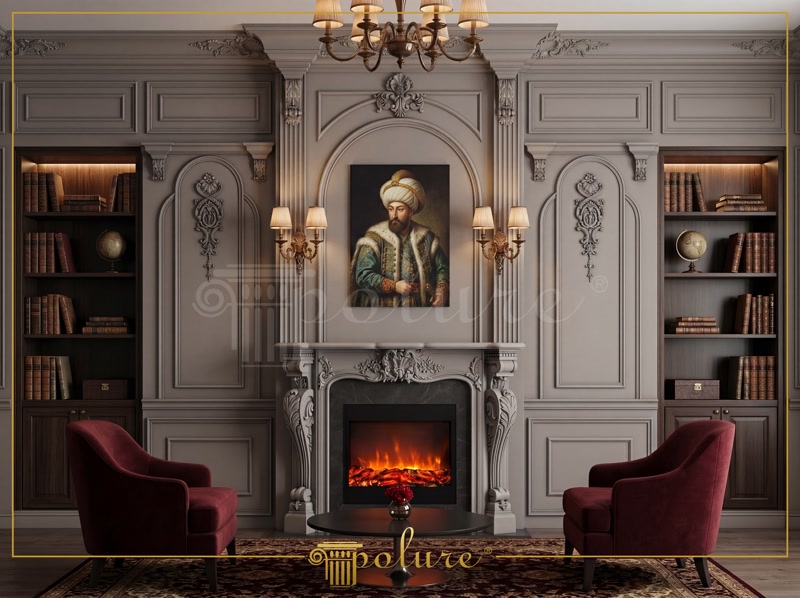 Montaj Seminee si Baghete Poliuretan pentru Perete Sistemele decorative din poliuretan de înaltă densitate (aproximativ 150-220 kg/m³ (țintă ~160 kg/m³)) reprezintă o soluție tehnică avansată pentru realizarea placărilor de perete clasice și a șemineelor decorative. În proiectul prezentat, elementul central este rama de șemineu model P8403, fixată structural pe un suport pregătit din gips-carton rezistent la temperaturi de lucru între -100 °C / +80 °C. Stratul de poliuretan nu absoarbe umiditatea (absorbție sub 1%), prevenind fisurarea articulațiilor în timp, spre deosebire de ipsosul tradițional. Montajul șemineului necesită adeziv poliuretanic structural de lipire la îmbinări și dibluri de fixare mecanică ascunse pentru a garanta o stabilitate pe termen lung.

Casasetarea pereților și încadrarea simetrică a tabloului central s-au realizat prin combinarea profilelor tip baghetă P85002, P85003, P85008, P85010 și P85016. Pentru obținerea colțurilor perfecte la 90 de grade, baghetele din poliuretan se debitează cu un ferăstrău mecanic cu pânză fină de minimum 80 de dinți. La îmbinările dintre profile este obligatorie utilizarea adezivului special de îmbinare, lăsând un rost tehnologic de 1-2 mm pentru dilatare. După polimerizarea completă a adezivului în 24 de ore, suprafețele se șlefuiesc fin cu hârtie abrazivă de granulație P240, obținându-se un finisaj neted pregătit pentru vopsire.

Detaliile arhitecturale ornamentale P2900A și P8055A, alături de bordura P85036 și consolele P6002 și P9916, adaugă o structură tridimensională complexă suprafețelor verticale. Consolele de susținere P6002 și P9916 funcționează ca elemente de tranziție vizuală sub friză, fiind ancorate direct pe structura de rezistență cu adeziv polimeric și șuruburi cu cap înecat. Suprafața amorsată din fabrică a elementelor din poliuretan permite aplicarea directă a vopselei lavabile sau acrilice în 2 straturi succesive, fără necesitatea unui strat suplimentar de grund.

Un avantaj major al poliuretanului în proiectele de amenajare interioară este greutatea redusă a elementelor, care nu încarcă structura peretelui și reduce timpul de instalare cu până la 50% comparativ cu stucaturile din ipsos. Duritatea ridicată a poliuretanului dens protejează colțurile și bordurile împotriva impactului mecanic accidental. Această metodă de montaj modular asigură rezistență la umiditate și stabilitate dimensională impecabilă, fiind alegerea optimă pentru spații rezidențiale de lux și proiecte comerciale de înaltă calitate.