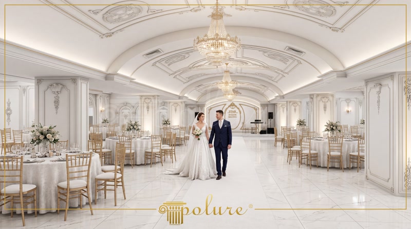 Decor interior clasic în sală de nunți cu pilastri din poliuretan, ancadramente decorative și lustre din cristal.