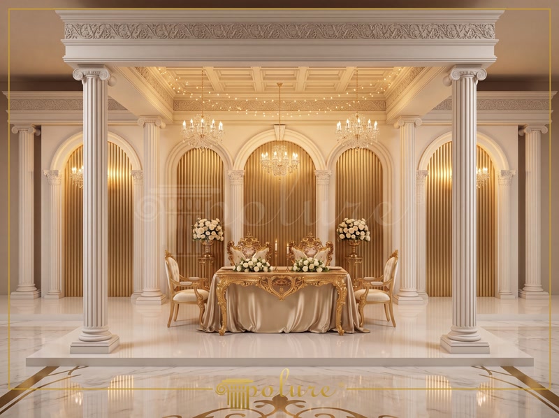 Coloane din Poliuretan Decorative cu Finisaj Patinat Coloane din poliuretan sculptat cu capiteluri clasice și finisaj negru aurit instalate pe profil interior.