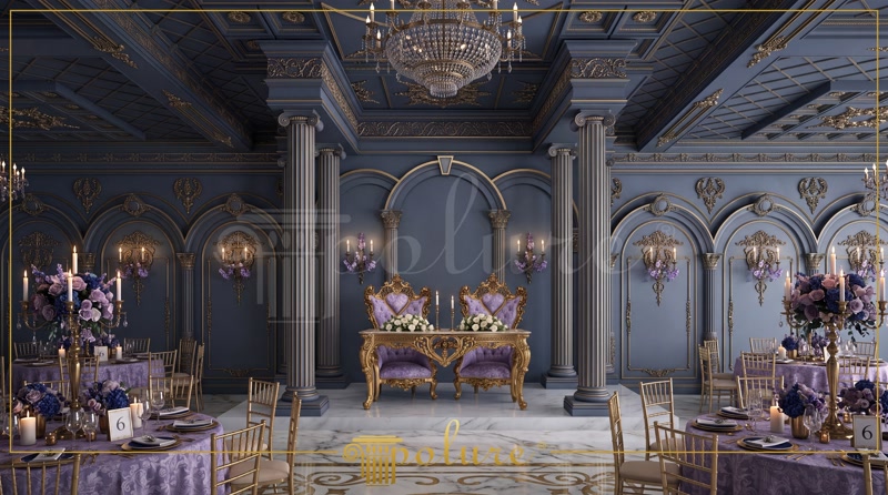 Coloane din Poliuretan Decorative cu Finisaj Patinat Coloane din poliuretan sculptat cu capiteluri clasice și finisaj negru aurit instalate pe profil interior.