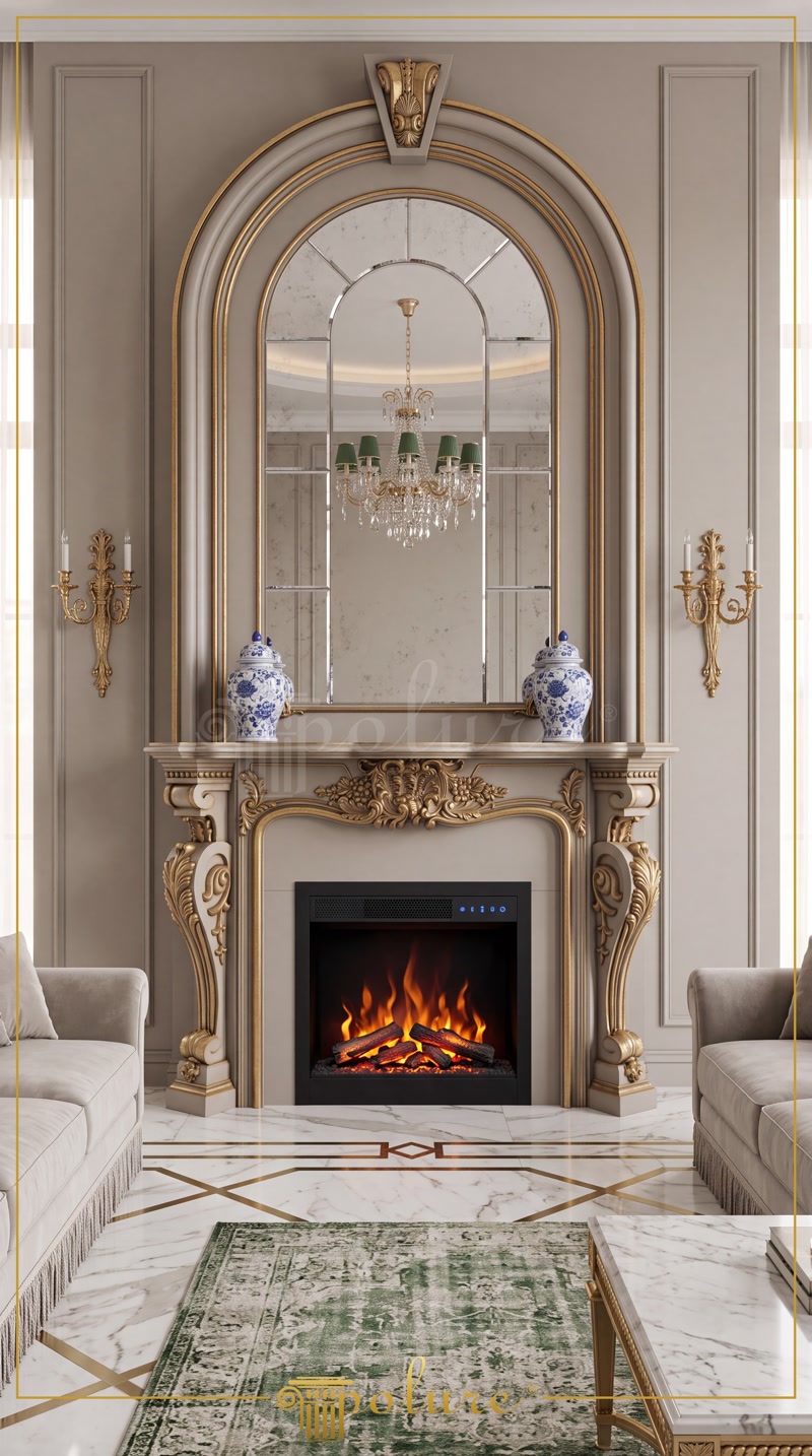 Montaj Manta de Șemineu cu Console Poliuretanice și Fronton Manta albă de șemineu din poliuretan cu console P9950 și fronton decorativ P2832 montată pe perete