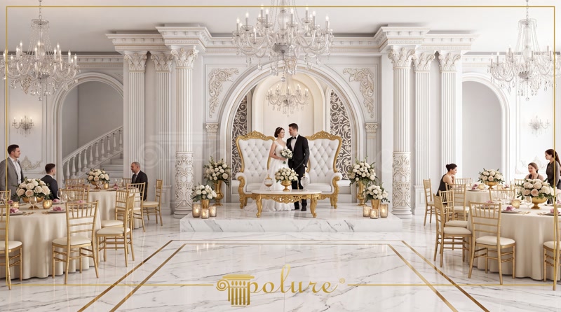 Profiluri Poliuretan pentru Tavan Casetat și Stucaturi Plafon casetat ornamental cu iluminat LED integrat și coloane albe decorative din poliuretan într-o sală de festivități.