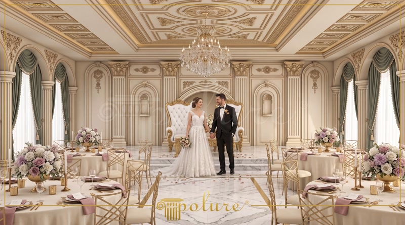 Profiluri Poliuretan pentru Tavan Casetat și Stucaturi Plafon casetat ornamental cu iluminat LED integrat și coloane albe decorative din poliuretan într-o sală de festivități.