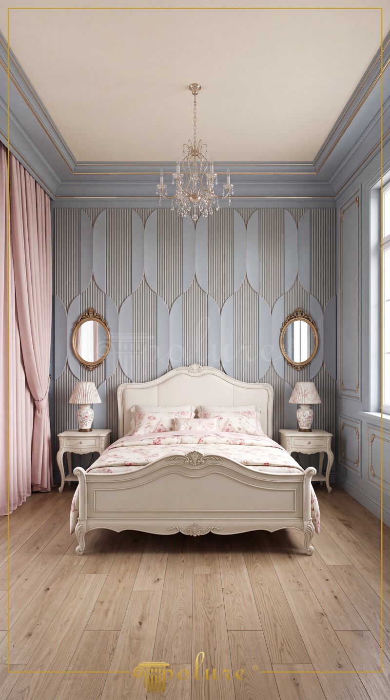 Perete Accent Geometric Realizat cu Profile din Poliuretan Perete accent verde în dormitor decorat cu profile geometrice din poliuretan P851350 și noptiere din lemn.