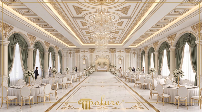 Profiluri Poliuretan pentru Tavan Casetat și Stucaturi Plafon casetat ornamental cu iluminat LED integrat și coloane albe decorative din poliuretan într-o sală de festivități.