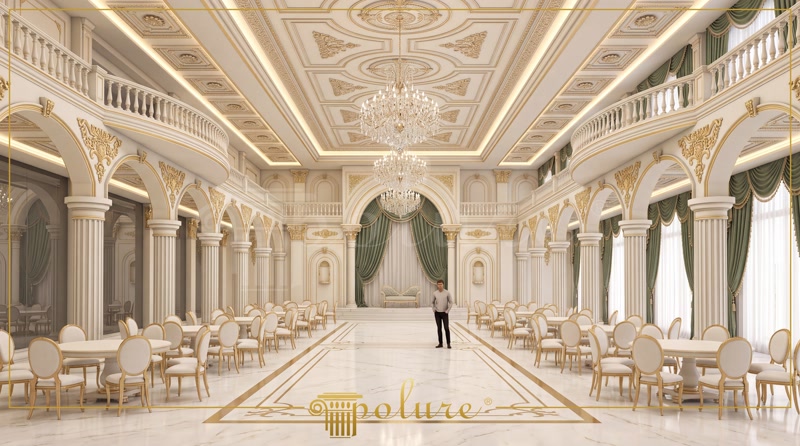 Profiluri Poliuretan pentru Tavan Casetat și Stucaturi Plafon casetat ornamental cu iluminat LED integrat și coloane albe decorative din poliuretan într-o sală de festivități.