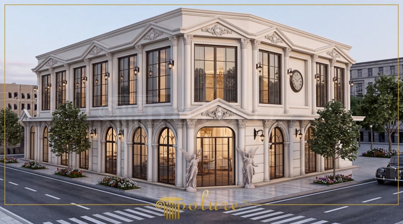 Poliuretan Profile și Coloane Fațadă Exterioară Fațadă vilă clasică cu 3 niveluri decorată cu coloane, balustrade și profile din poliuretan