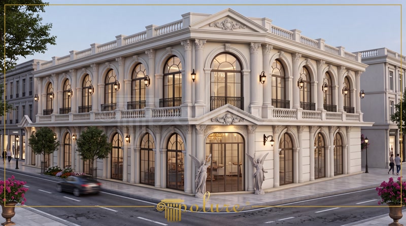 Poliuretan Profile și Coloane Fațadă Exterioară Fațadă vilă clasică cu 3 niveluri decorată cu coloane, balustrade și profile din poliuretan