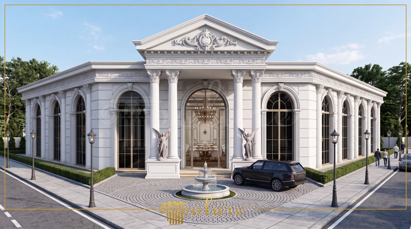 Poliuretan Profile și Coloane Fațadă Exterioară Fațadă vilă clasică cu 3 niveluri decorată cu coloane, balustrade și profile din poliuretan