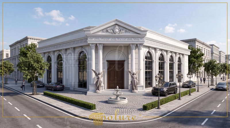 Poliuretan Profile și Coloane Fațadă Exterioară Fațadă vilă clasică cu 3 niveluri decorată cu coloane, balustrade și profile din poliuretan