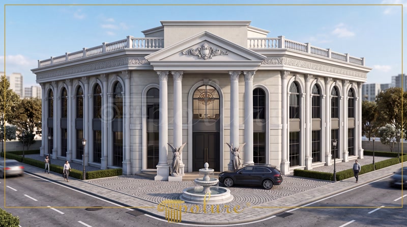 Poliuretan Profile și Coloane Fațadă Exterioară Fațadă vilă clasică cu 3 niveluri decorată cu coloane, balustrade și profile din poliuretan