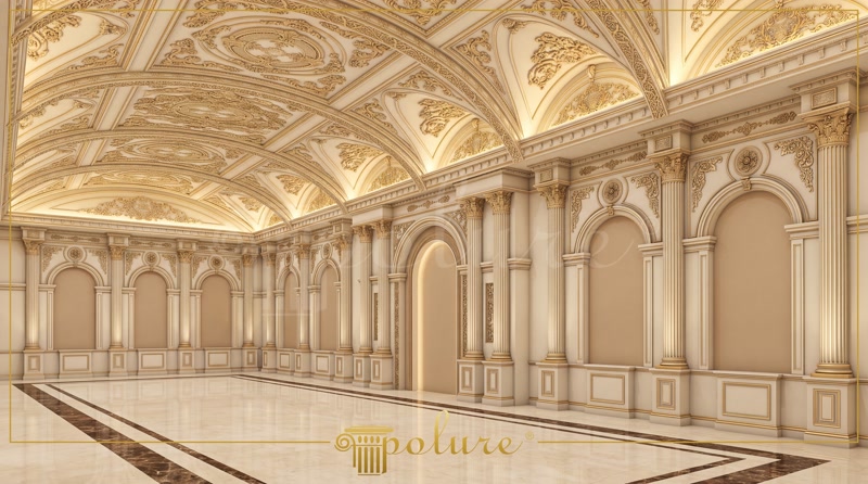 Profiluri Poliuretan pentru Tavan Casetat și Stucaturi Plafon casetat ornamental cu iluminat LED integrat și coloane albe decorative din poliuretan într-o sală de festivități.