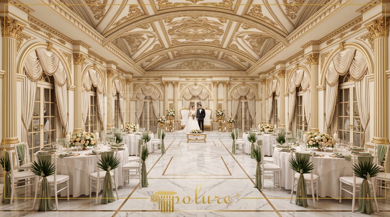 Profiluri Poliuretan pentru Tavan Casetat și Stucaturi Plafon casetat ornamental cu iluminat LED integrat și coloane albe decorative din poliuretan într-o sală de festivități.