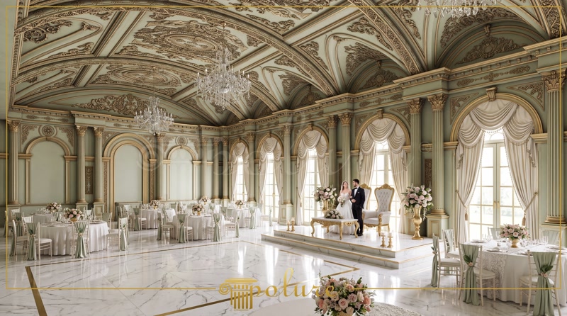 Profiluri Poliuretan pentru Tavan Casetat și Stucaturi Plafon casetat ornamental cu iluminat LED integrat și coloane albe decorative din poliuretan într-o sală de festivități.