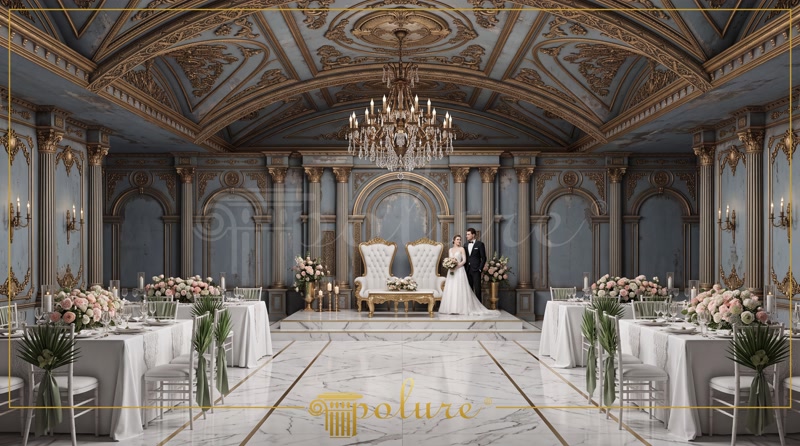 Profiluri Poliuretan pentru Tavan Casetat și Stucaturi Plafon casetat ornamental cu iluminat LED integrat și coloane albe decorative din poliuretan într-o sală de festivități.