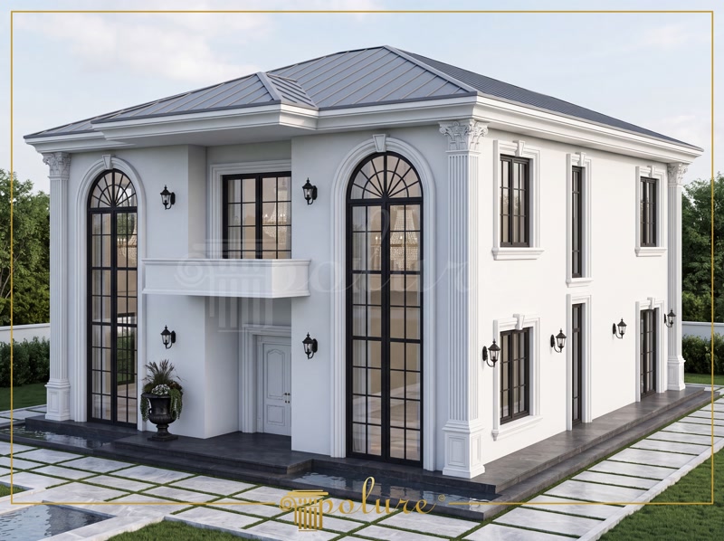 Poliuretan Profile și Coloane Fațadă Exterioară Fațadă vilă clasică cu 3 niveluri decorată cu coloane, balustrade și profile din poliuretan