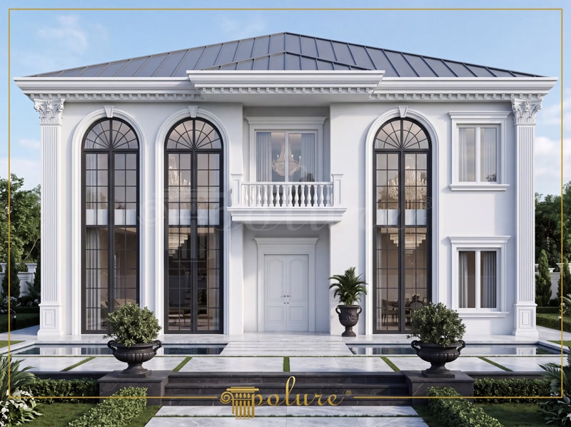 Poliuretan Profile și Coloane Fațadă Exterioară Fațadă vilă clasică cu 3 niveluri decorată cu coloane, balustrade și profile din poliuretan