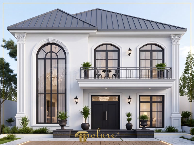 Poliuretan Profile și Coloane Fațadă Exterioară Fațadă vilă clasică cu 3 niveluri decorată cu coloane, balustrade și profile din poliuretan