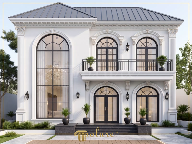 Poliuretan Profile și Coloane Fațadă Exterioară Fațadă vilă clasică cu 3 niveluri decorată cu coloane, balustrade și profile din poliuretan