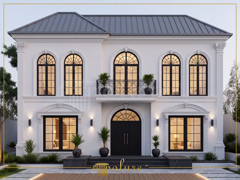 Poliuretan Profile și Coloane Fațadă Exterioară Fațadă vilă clasică cu 3 niveluri decorată cu coloane, balustrade și profile din poliuretan