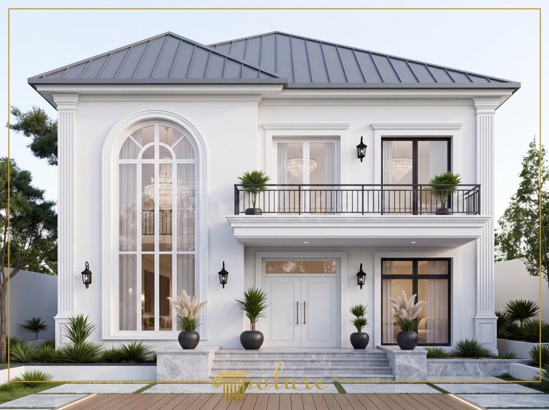 Poliuretan Profile și Coloane Fațadă Exterioară Fațadă vilă clasică cu 3 niveluri decorată cu coloane, balustrade și profile din poliuretan