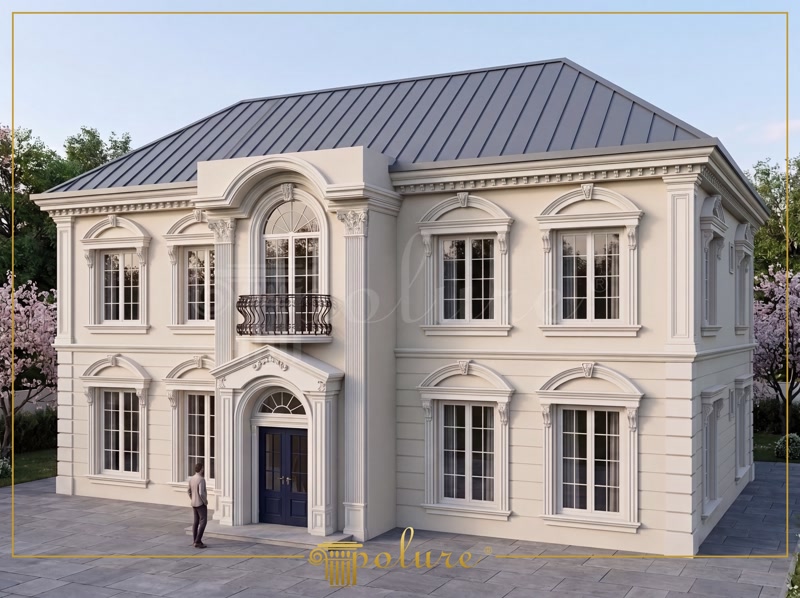 Poliuretan Profile și Coloane Fațadă Exterioară Fațadă vilă clasică cu 3 niveluri decorată cu coloane, balustrade și profile din poliuretan