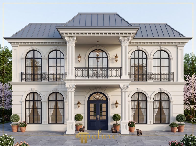 Poliuretan Profile și Coloane Fațadă Exterioară Fațadă vilă clasică cu 3 niveluri decorată cu coloane, balustrade și profile din poliuretan