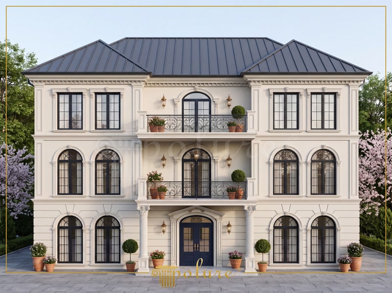 Poliuretan Profile și Coloane Fațadă Exterioară Fațadă vilă clasică cu 3 niveluri decorată cu coloane, balustrade și profile din poliuretan