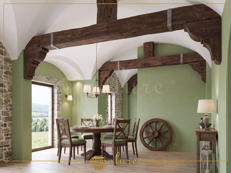 Decorațiuni din Lemn Rustic  Grinzi, căpriori și panouri cu textură de lemn rustic din poliuretan: relief fidel, fără tratamente antifungice, montaj ușor cu adeziv de montaj