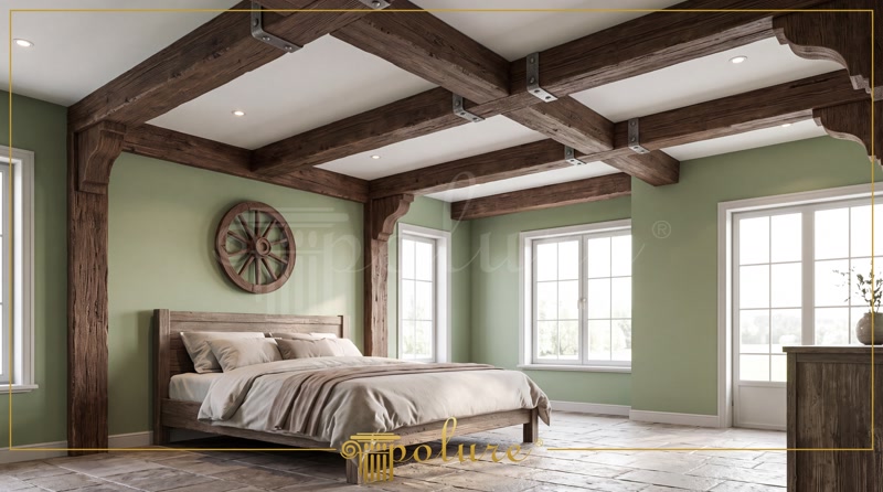 Grinzi din Poliuretan pentru Tavan Rustic Dormitor Tavan decorat cu grinzi din poliuretan P1981 cu textură de lemn rustic și iluminat LED integrat în dormitor.