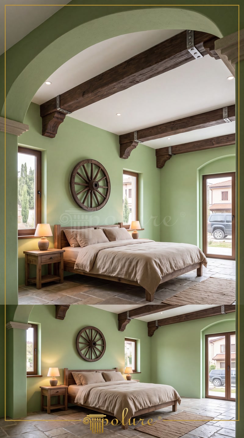 Grinzi din Poliuretan pentru Tavan Rustic Dormitor Tavan decorat cu grinzi din poliuretan P1981 cu textură de lemn rustic și iluminat LED integrat în dormitor.