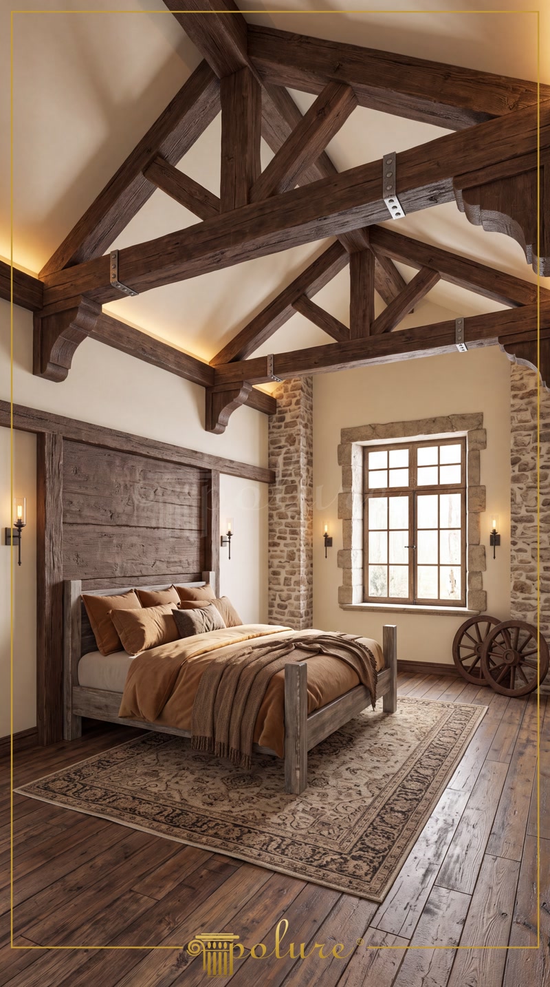 Grinzi din Poliuretan pentru Tavan Rustic Dormitor Tavan decorat cu grinzi din poliuretan P1981 cu textură de lemn rustic și iluminat LED integrat în dormitor.