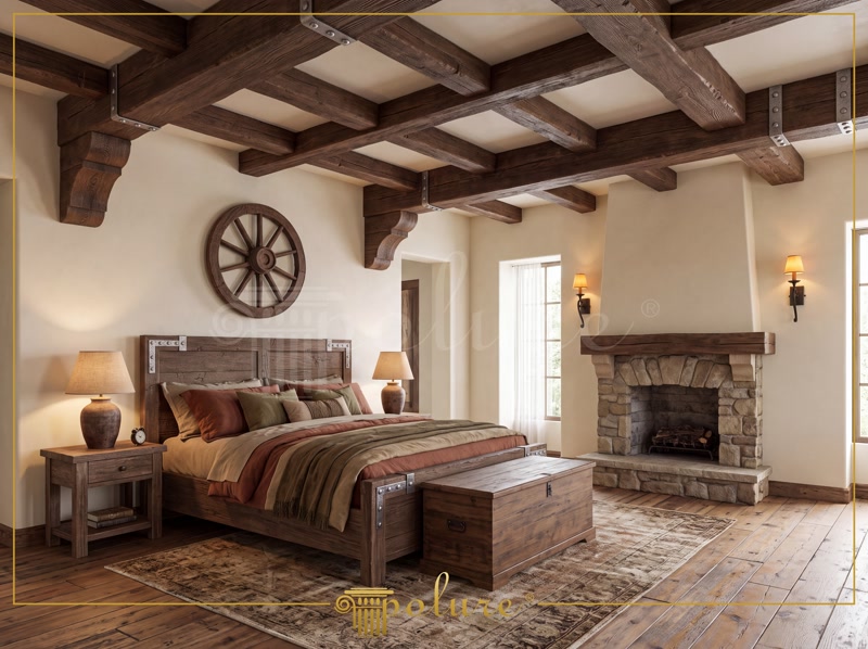 Grinzi din Poliuretan pentru Tavan Rustic Dormitor Tavan decorat cu grinzi din poliuretan P1981 cu textură de lemn rustic și iluminat LED integrat în dormitor.
