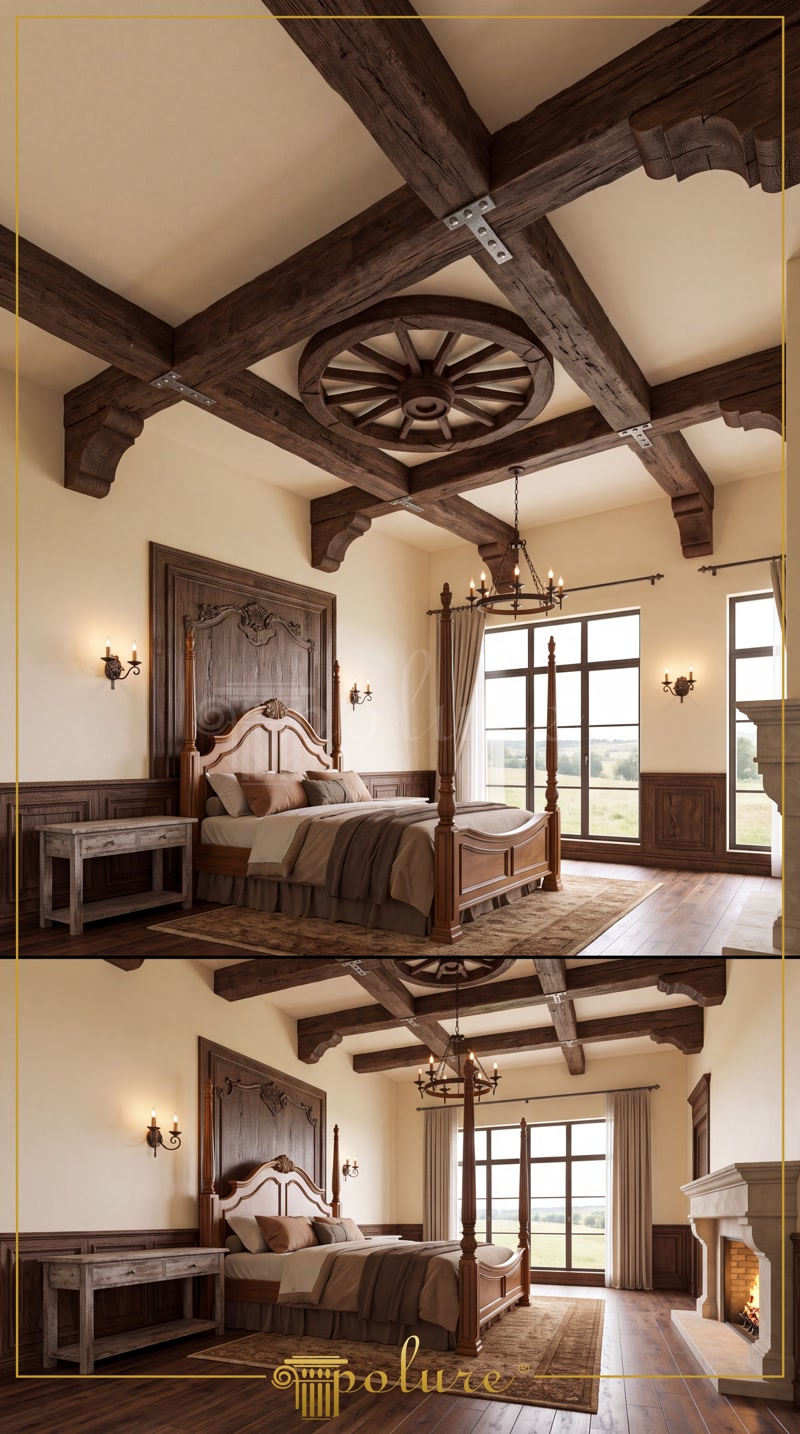 Grinzi din Poliuretan pentru Tavan Rustic Dormitor Tavan decorat cu grinzi din poliuretan P1981 cu textură de lemn rustic și iluminat LED integrat în dormitor.