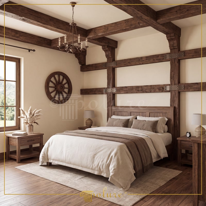 Grinzi din Poliuretan pentru Tavan Rustic Dormitor Tavan decorat cu grinzi din poliuretan P1981 cu textură de lemn rustic și iluminat LED integrat în dormitor.