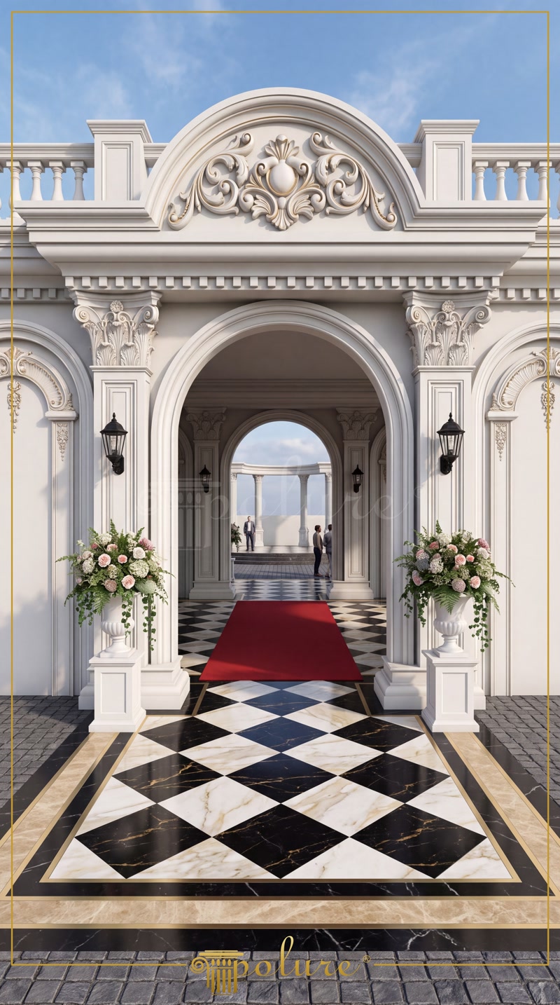 Poliuretan Profile și Coloane Fațadă Exterioară Fațadă vilă clasică cu 3 niveluri decorată cu coloane, balustrade și profile din poliuretan