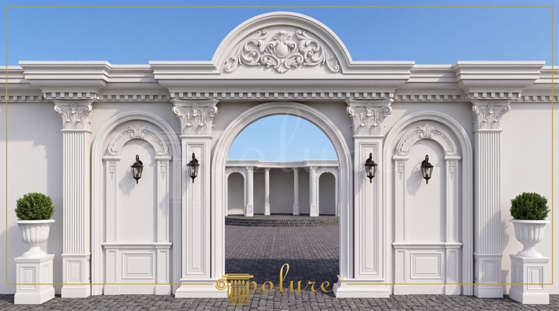 Poliuretan Profile și Coloane Fațadă Exterioară Fațadă vilă clasică cu 3 niveluri decorată cu coloane, balustrade și profile din poliuretan