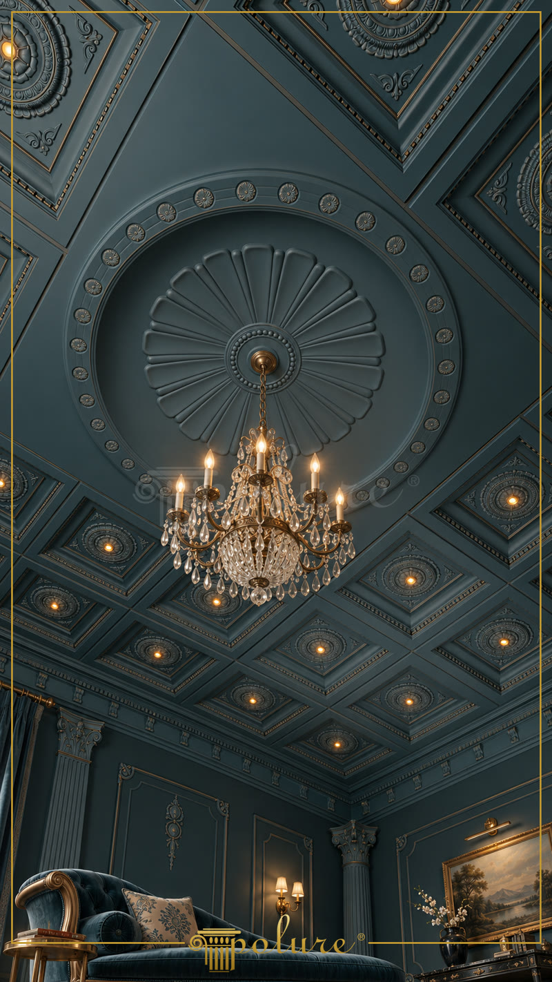 Salon clasic cu tavan casetat din poliuretan, rozetă circulară, candelabru și coloane decorative