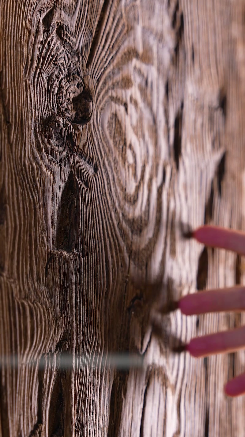 Detaliu apropiat al nervurilor adânci și nodurilor sculptate în suprafață.
