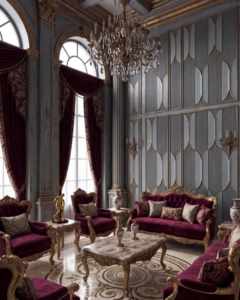 Living clasic cu panouri gri-albastru, canapele bordo și candelabru