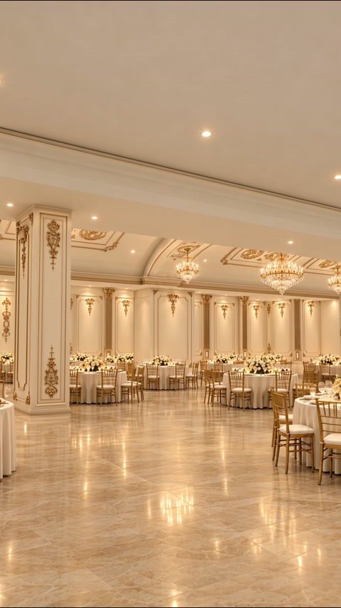 Vedere laterală a salonului cu coloane și cornișe elegante