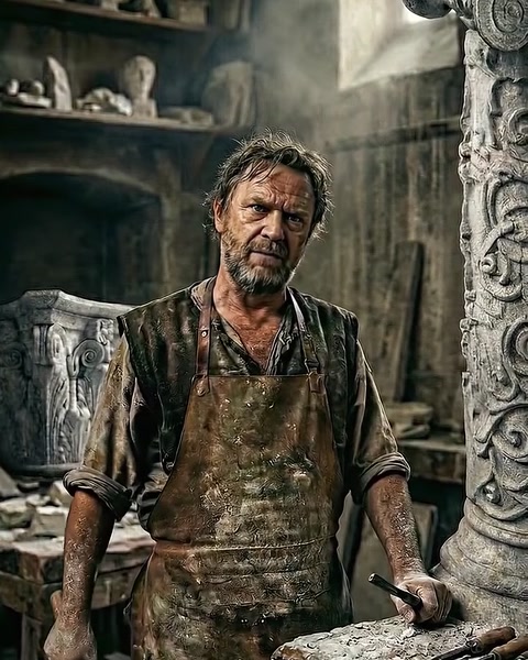 Meșterul stă obosit lângă coloanele sculptate din atelier.