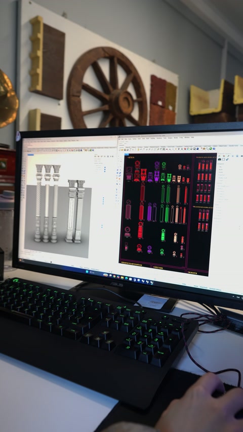 Modele digitale de coloane decorative afișate pe monitorul de proiectare