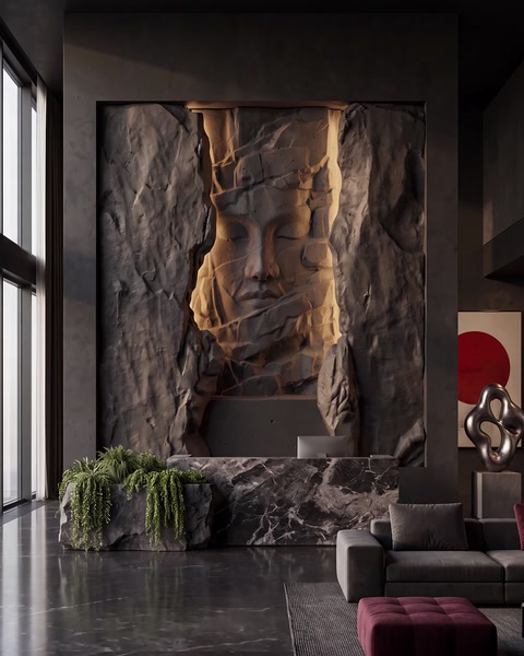 Panou decorativ de perete cu relief sculptural într-un lobby modern